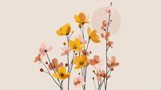 Papier peint floral doux Fleurs jaunes et roses sur un fond neutre