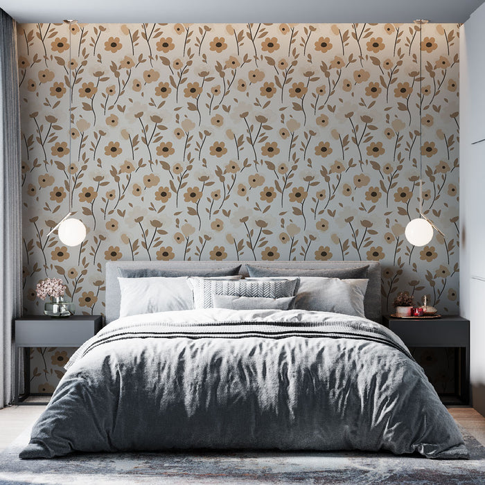 Une chambre élégante avec un papier peint floral aux teintes beige et marron, créant une atmosphère douce et apaisante.