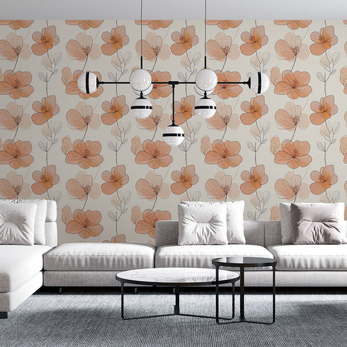 Un salon moderne avec un papier peint floral aux teintes douces de pêche et beige, créant une atmosphère chaleureuse et accueillante.