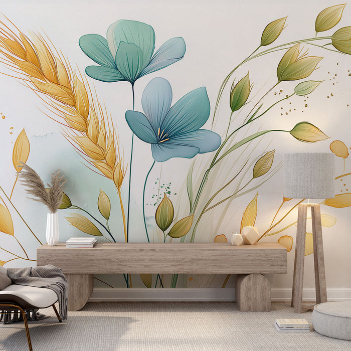 Une pièce lumineuse avec un papier peint floral aux teintes douces de bleu et jaune, évoquant une ambiance naturelle et apaisante.