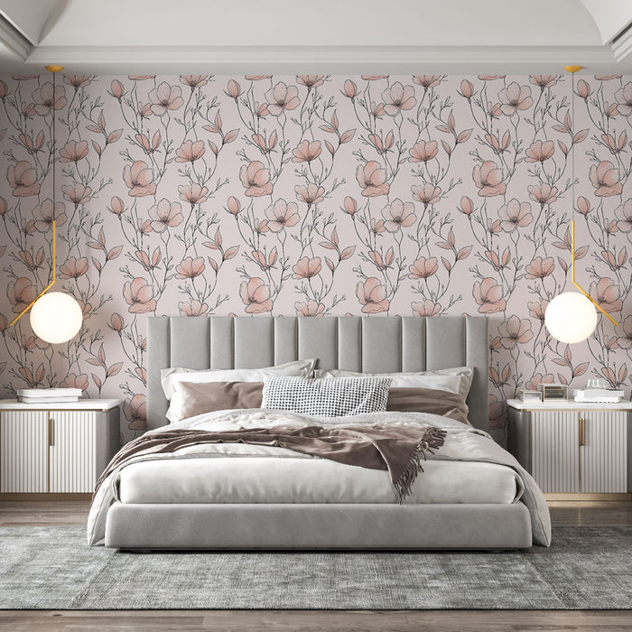 Une chambre élégante avec un papier peint floral aux motifs de fleurs roses sur fond pastel, créant une atmosphère douce et apaisante.