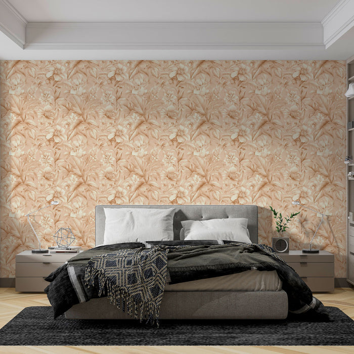 Une chambre élégante avec un papier peint floral beige aux motifs délicats et doux, créant une atmosphère chaleureuse et apaisante.