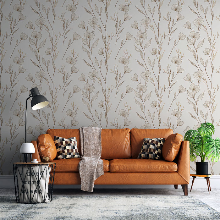 Un salon moderne avec un papier peint floral beige aux motifs délicats de fleurs et de tiges, créant une ambiance douce et apaisante.