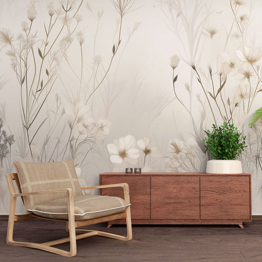 Une salle de séjour avec un papier peint floral aux teintes douces, représentant des fleurs délicates sur fond clair, créant une atmosphère apaisante et élégante.