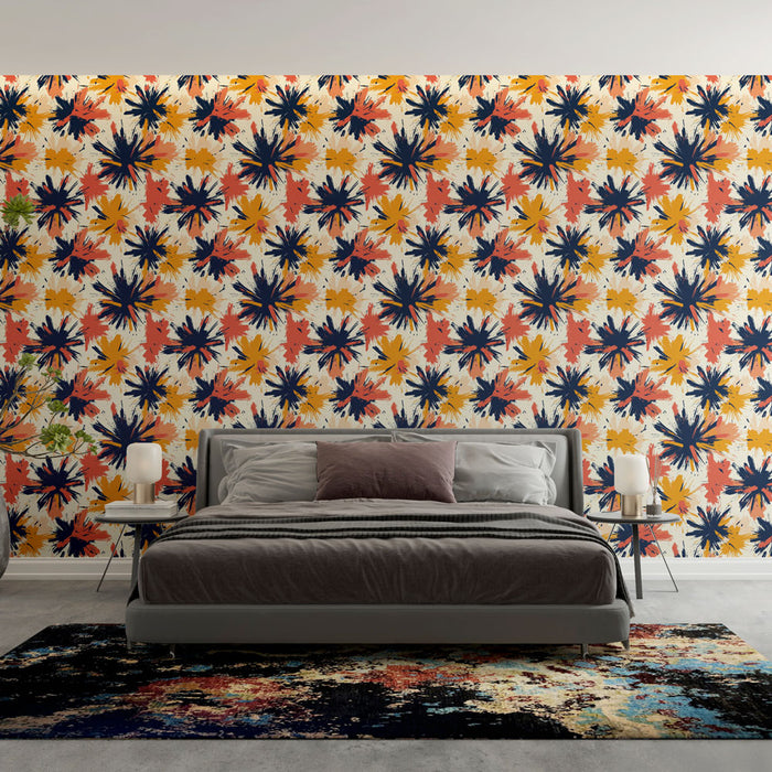Une chambre moderne avec un papier peint aux motifs floraux éclatants dans des teintes de bleu, orange et jaune, créant une atmosphère dynamique et chaleureuse.