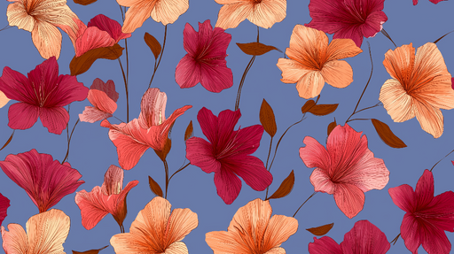 Papier peint floral Éclat de fleurs aux tons chauds sur fond bleu