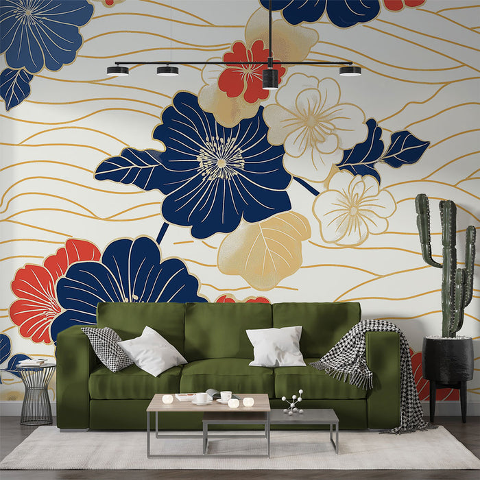 Papier peint floral éclat de fleurs rouges, bleues et dorées sur fond clair pour salon moderne