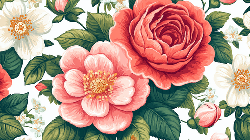 Papier peint floral Éclat de Roses et Fleurs Blanches