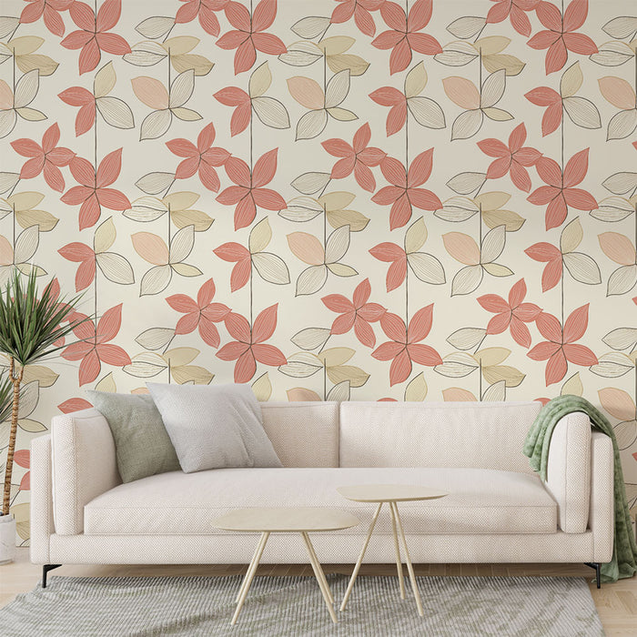 Un salon lumineux avec un papier peint floral aux motifs de fleurs en teintes roses et crème sur fond clair, créant une atmosphère douce et accueillante.
