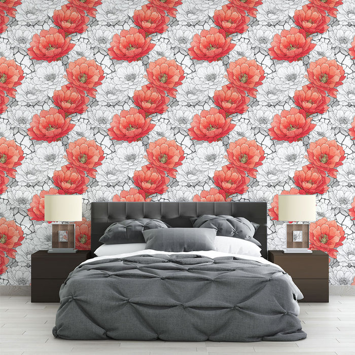 Une chambre moderne avec un papier peint floral aux motifs de fleurs rouges et blanches sur fond gris, créant une atmosphère chaleureuse et accueillante.