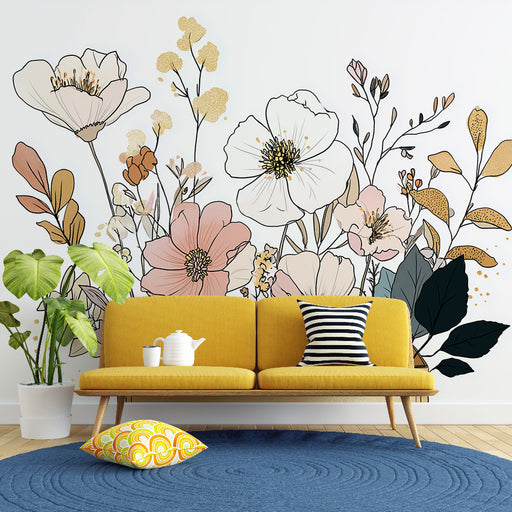 Une pièce de vie lumineuse avec un papier peint floral aux teintes douces, mêlant des fleurs blanches et roses sur fond clair, créant une atmosphère apaisante et élégante.