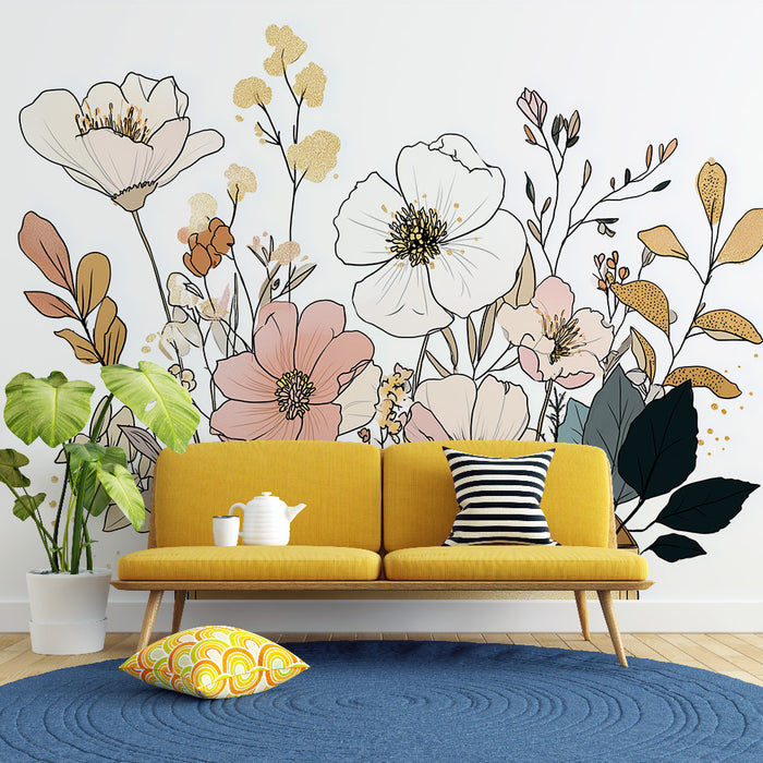 Une pièce de vie lumineuse avec un papier peint floral aux teintes douces, mêlant des fleurs blanches et roses sur fond clair, créant une atmosphère apaisante et élégante.