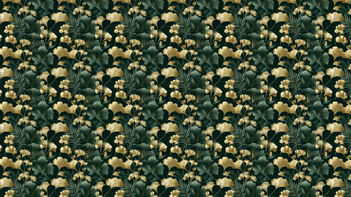 Papier peint floral élégant Feuilles vertes et fleurs dorées sur fond sombre