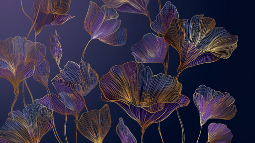 Papier peint floral élégant Fleurs délicates aux lignes dorées sur fond bleu nuit