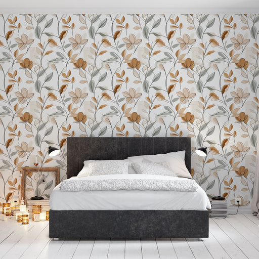Une chambre lumineuse avec un papier peint floral aux motifs délicats de fleurs beiges et dorées, créant une ambiance chaleureuse et apaisante.