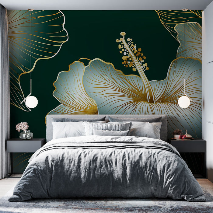Une chambre moderne avec un papier peint floral vert profond et doré, mettant en valeur de grandes fleurs stylisées qui créent une atmosphère élégante et apaisante.