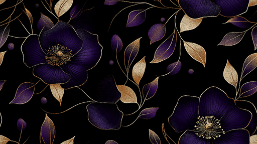 Papier peint floral élégant avec fleurs violettes et feuilles dorées sur fond noir pour décoration murale sophistiquée.