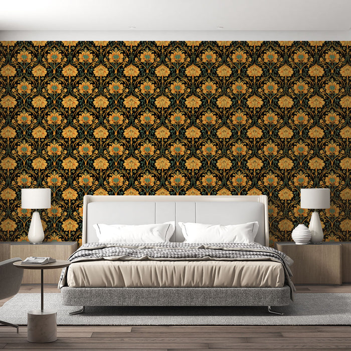 Une chambre moderne avec un papier peint floral aux motifs dorés et noirs, créant une atmosphère élégante et chaleureuse.