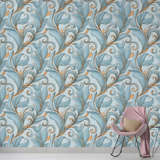 Un salon élégant avec un papier peint floral bleu clair aux motifs délicats et dorés, créant une atmosphère fraîche et raffinée.
