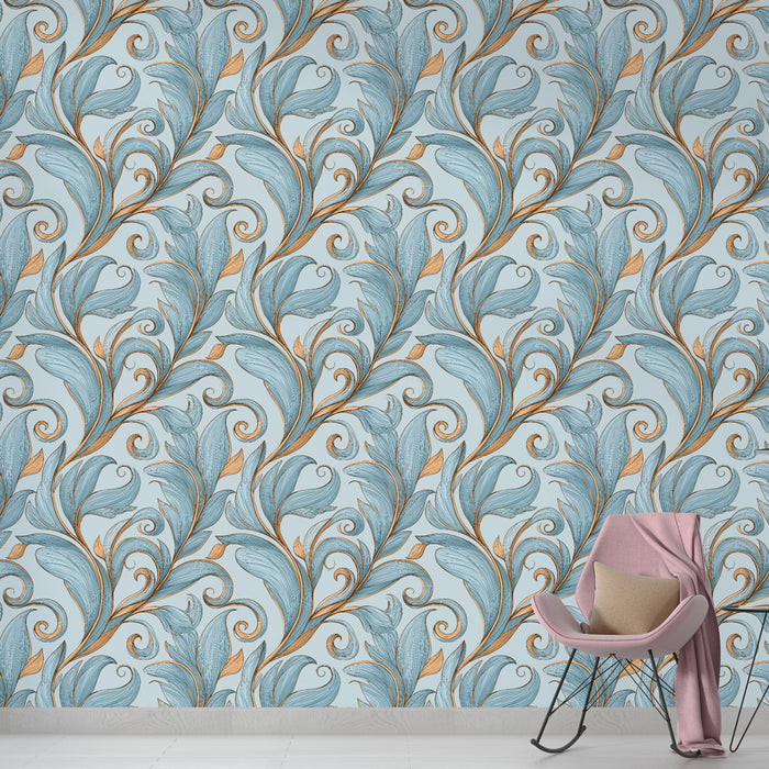 Un salon élégant avec un papier peint floral bleu clair aux motifs délicats et dorés, créant une atmosphère fraîche et raffinée.