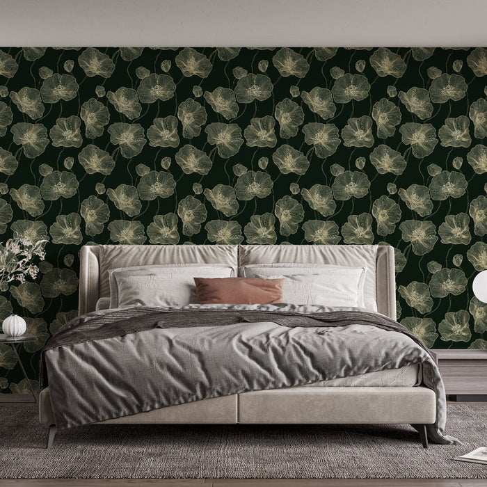 Une chambre moderne avec un papier peint floral aux motifs délicats beige sur fond vert foncé, créant une atmosphère élégante et apaisante.
