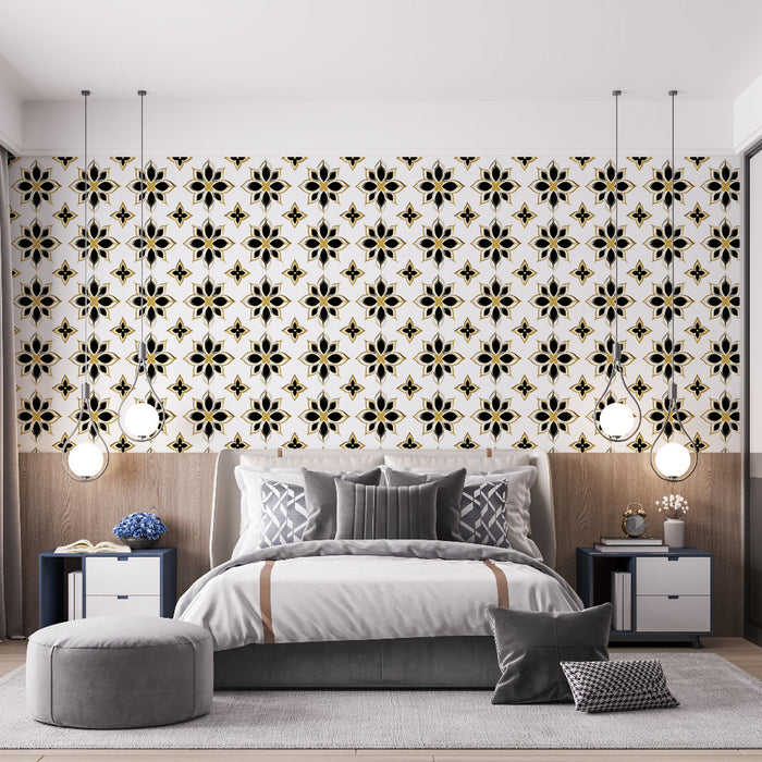 Une chambre moderne avec un papier peint à motifs floraux noirs et dorés sur fond blanc, créant une atmosphère élégante et dynamique.