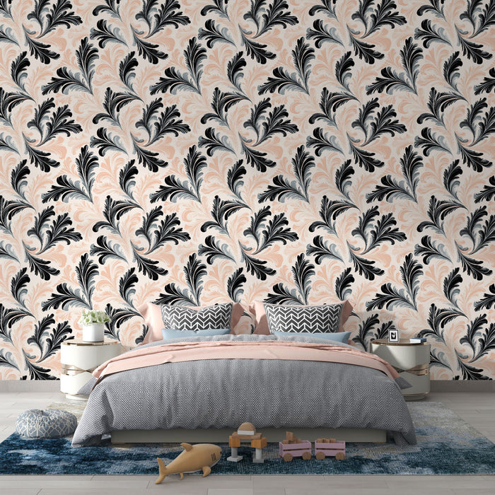Une chambre élégante avec un papier peint aux motifs floraux en noir et rose, créant une atmosphère raffinée et chaleureuse.