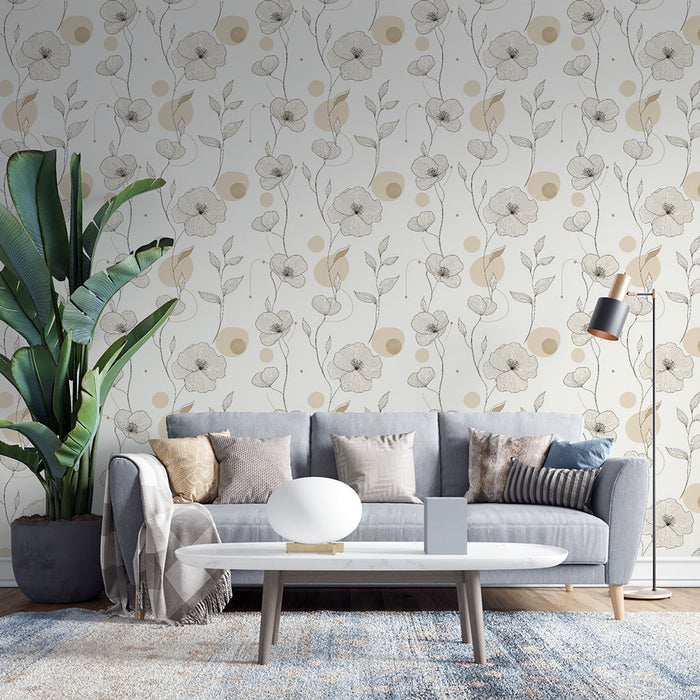 Un salon moderne avec un papier peint floral aux motifs délicats de fleurs noires et touches beige sur fond clair, créant une ambiance douce et apaisante.