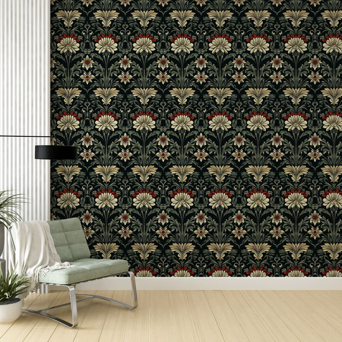 Une pièce moderne avec un papier peint floral aux motifs dorés et rouges sur fond noir, créant une ambiance élégante et chaleureuse.