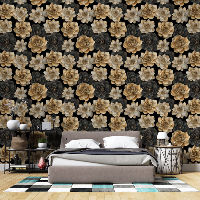 Une chambre moderne avec un papier peint floral noir et beige, présentant des roses et des fleurs délicates, créant une ambiance élégante et chaleureuse.