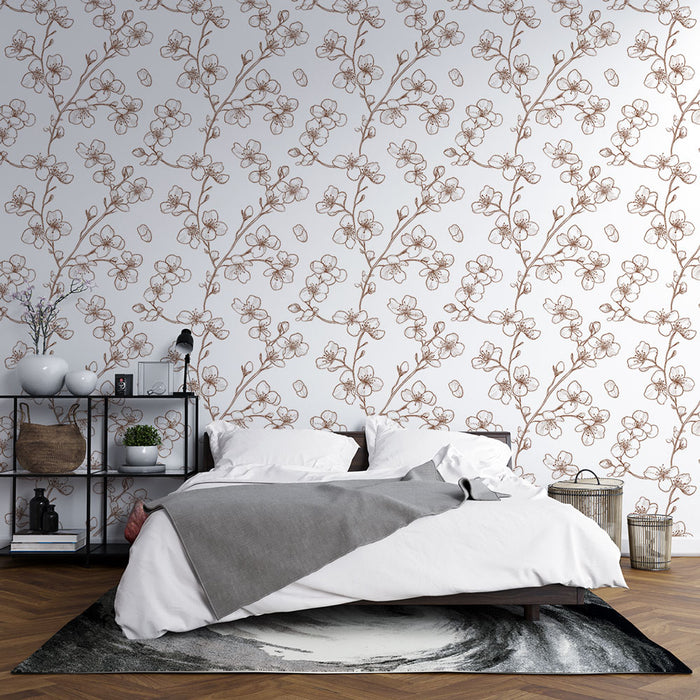 Une chambre élégante avec un papier peint floral aux motifs délicats de fleurs brunes sur fond blanc, créant une atmosphère douce et apaisante.