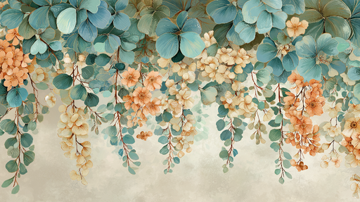 Papier peint floral Élégantes feuilles et fleurs délicates en teintes turquoise et orangées