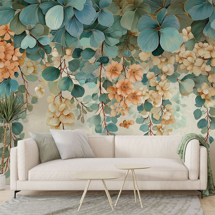 Un salon élégant avec un papier peint floral aux teintes douces de bleu et d'orange, créant une atmosphère apaisante et naturelle.