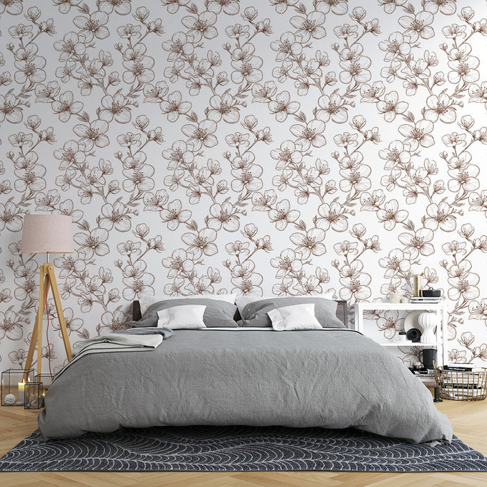 Une chambre moderne avec un papier peint floral aux motifs délicats en brun sur fond blanc, créant une atmosphère douce et accueillante.