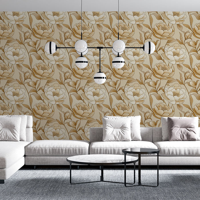Un salon contemporain avec un papier peint floral beige et doré, aux motifs élégants de fleurs, créant une ambiance chaleureuse et raffinée.