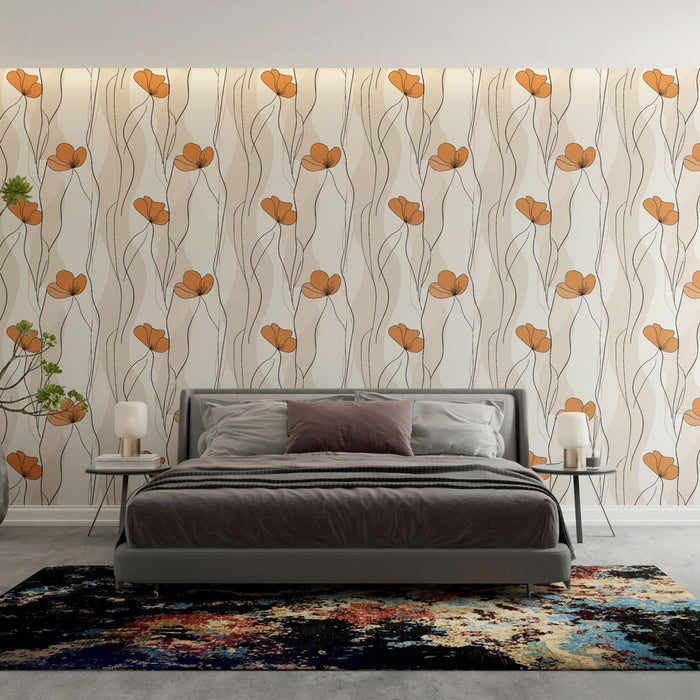 Une chambre moderne avec un papier peint floral aux motifs de coquelicots orange sur fond clair, créant une ambiance chaleureuse et accueillante.