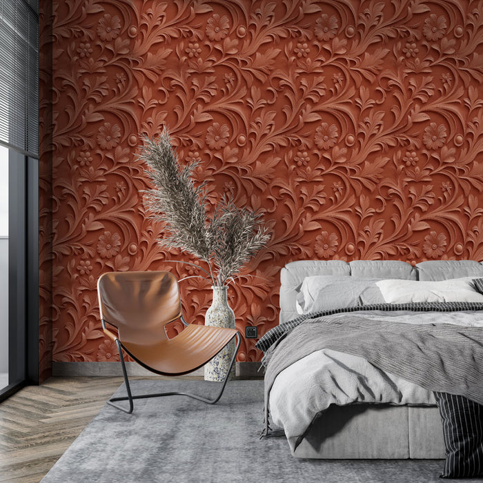 Une chambre moderne avec un papier peint texturé rouge terracotta aux motifs floraux élégants, créant une atmosphère chaleureuse et accueillante.