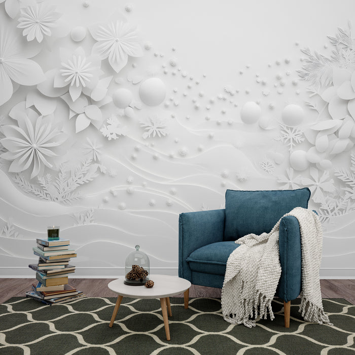Papier peint floral en relief avec motifs délicats de fleurs et feuilles blanches pour salon élégant