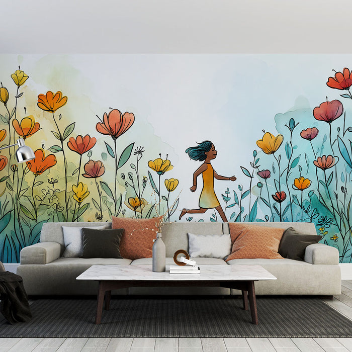 Une pièce de vie lumineuse avec un papier peint illustratif représentant une fillette courant parmi des fleurs colorées, créant une atmosphère joyeuse et dynamique.