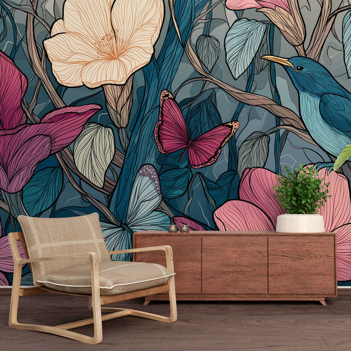 Un salon moderne avec un papier peint floral aux couleurs vives, représentant des fleurs et des papillons sur un fond sombre, créant une ambiance artistique et vivante.