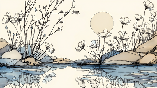 Papier peint floral et aquatique Motif délicat de fleurs et rochers au bord de l'eau