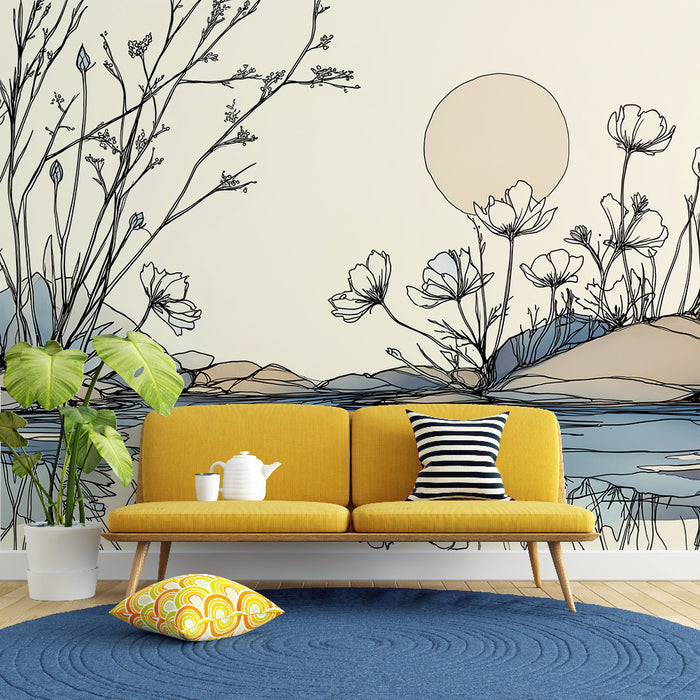 Une pièce moderne avec un papier peint illustrant des paysages floraux en lignes noires sur fond clair, créant une ambiance douce et apaisante.