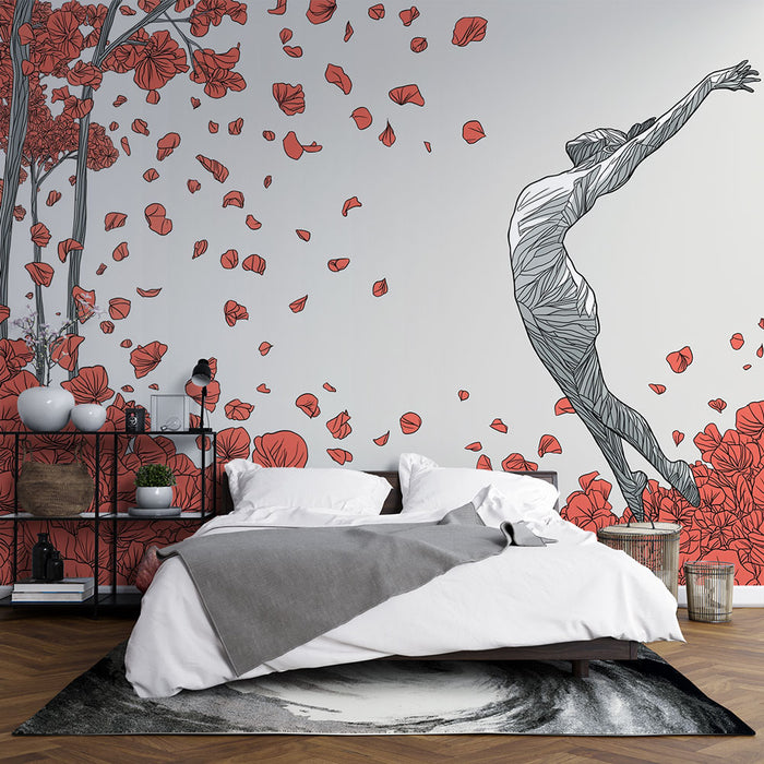 Une chambre moderne avec un papier peint artistique représentant une silhouette humaine en mouvement entourée de fleurs rouges et de pétales, créant une atmosphère dynamique et inspirante.