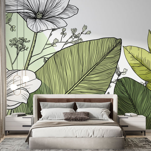 Une chambre moderne avec un papier peint floral représentant de grandes feuilles vertes et des fleurs stylisées sur fond clair, créant une atmosphère apaisante et naturelle.
