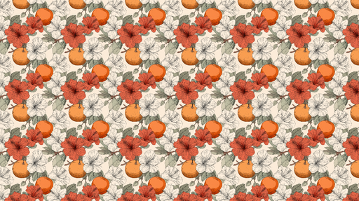 Papier peint floral et fruité Motifs de fleurs et oranges sur fond clair