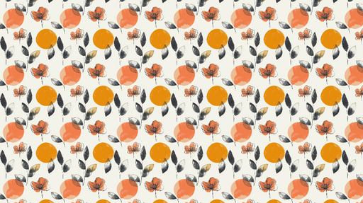 Papier peint floral et géométrique Motifs floraux et cercles colorés orange sur fond clair