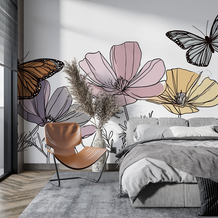 Une chambre moderne avec un papier peint floral aux grandes fleurs pastel et aux papillons, créant une atmosphère douce et apaisante.