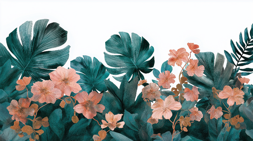 Papier peint floral exotique Feuilles vertes luxuriantes et fleurs roses délicates