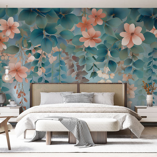 Une chambre élégante avec un papier peint floral aux teintes douces de bleu, rose et vert, créant une atmosphère apaisante et naturelle.