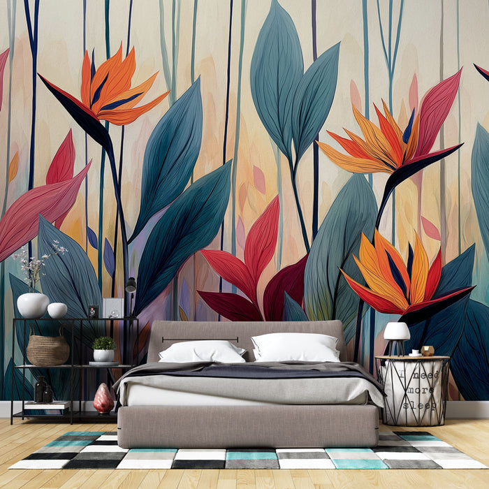 Une chambre moderne avec un papier peint floral aux couleurs vives, représentant des feuilles et des fleurs stylisées qui créent une ambiance tropicale et vivante.